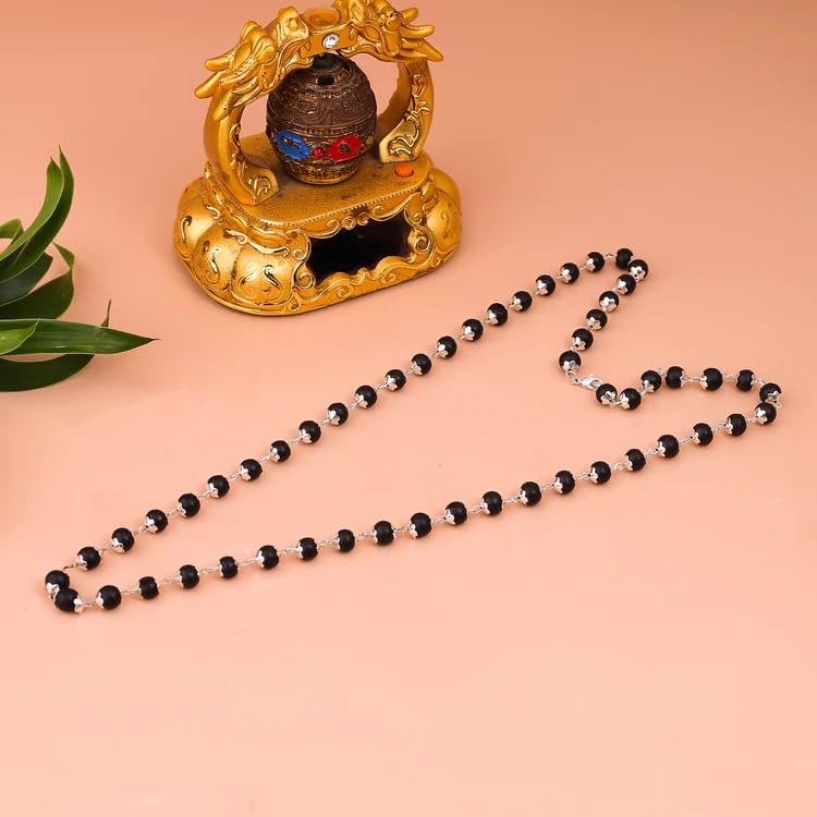 SMILEME Original Karungali Mala Silver Capped - Natural Ebony Wood Bead Chain Necklace for Men & Women (108/54 Beads, Black)